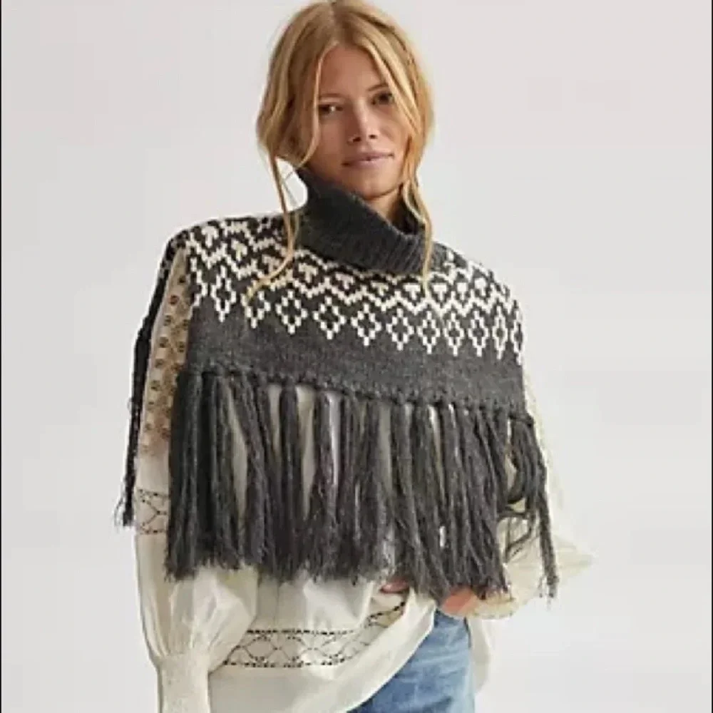 Anthropologie Grey Fringe Turtleneck Collar